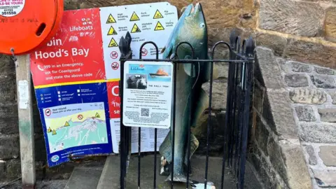 BBC/Oliver Wright A green cast iron cod statue, fenced off with black iron railings. The cod stands on its tail, facing upwards. In the background, a stone sea wall and an emergency life ring can be seen.