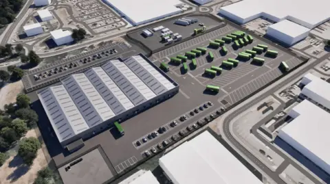 A CGI image of how the new bus depot could look. Large industrial buildings can be seen as well as a fleet of green buses in a car park.