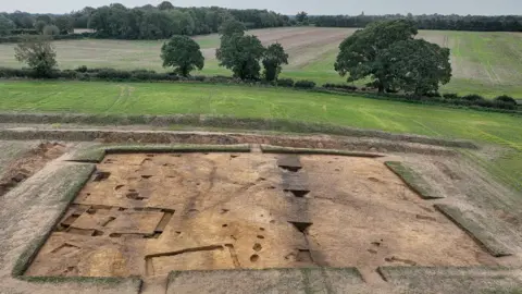 Suffolk County Council Drone shot shows layout of possible temple dating back 1,400 years of excavation at Rendlesham