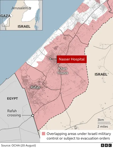 A map showing the Nasser Hospital website in Khan Yunis, in southern Gaza. The hospital sits inside a red area on the map, which indicates that it is under Israeli military control or is subject to evacuation orders.