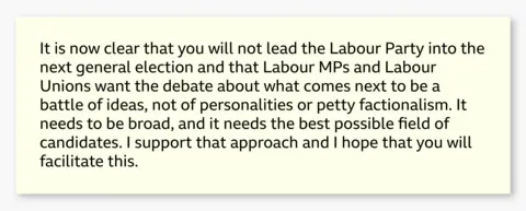 Graphic showing an excerpt from Wes Streeting’s resignation letter reading: "It is now clear that you will not lead the Labour Party into the next general election and that Labour MPs and Labour Unions want the debate about what comes next to be a battle of ideas, not of personalities or petty factionalism. It needs to be broad, and it needs the best possible field of candidates. I support that approach and I hope that you will facilitate this.”
