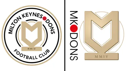 Two football crests, side by side. The newest has an M graphic in a circle with the club's name surrounding it, while the old one has M on its own with the name of the club written down the left hand side.