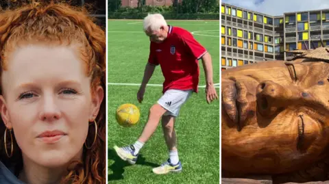 Three side by side images; on the left, a woman with curly ginger hair and large gold hooped earrings, in the middle, an older man wears a football kit and kicks a ball in the air, and on the right, a wooden sculpture of a face.