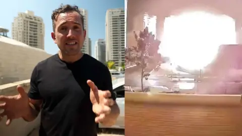 Split image of BBC's Hugo Bachega and a blast 
