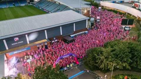 Tom Hodgson Photography A drone view of the crowd outside the Spireites stadium