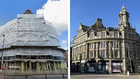 City of Wolverhampton Council A composite "before and after" image of a city centre building with a curved facade around a street corner. The first image shows the building covered in scaffolding and plastic sheeting. The second shows shop fronts uncovered and stone cleaned.