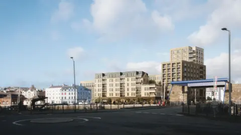 LORD STREET DEVELOPMENT SPV LIMITED A view of the building from across the harbour. There is a bridge in the foreground, and a tall brown building with several windows in the background.