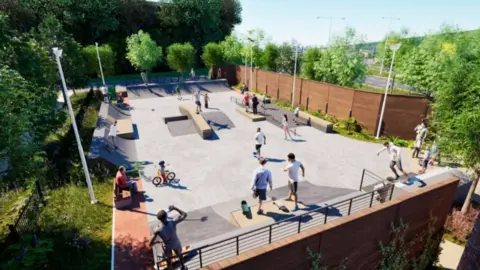 A digital version of an outdoor skate park viewed from above, with several people skateboarding and walking around. The park includes ramps, rails, benches, and open skating areas, surrounded by trees, fencing, and tall light poles.