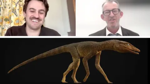 Two men smiling on a zoom call and a rendering of a large crocodile with long legs