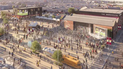 A computer-generated image of the new site featuring a brick-built venue and a plaza with large screens outside. 