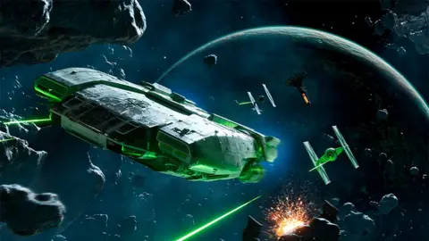 Ubisoft A screenshot from Star Wars Outlaws, showing space vehicles shooting green lasers, in space.