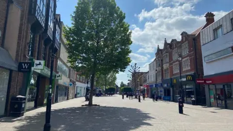 A picture of Staines high street, with trees, people and shops.