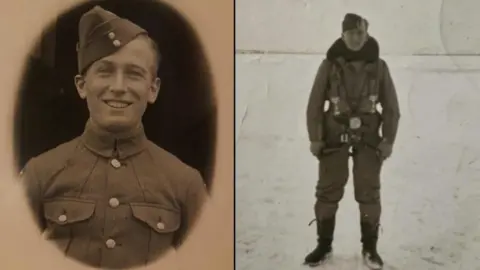 Geoff Mandale There are two photos of Sergeant Jimmy Mandale. On the left is a military style black and white photo, of Sgt Mandale dressed in uniform. On the right is a full-length photo of Sgt Mandale, dressed in flying gear, standing in the snow. 