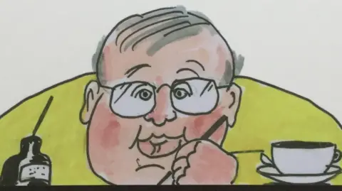 A cartoon self-portrait, showing Phil Woodford drawing with an ink pot on one side an a cup of tea on the other. He has grey hair and is wearing glasses and a yellow jumper.