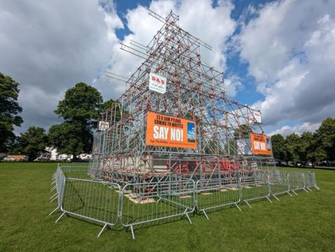The replica pylon on Writtle Green made out of scaffolding