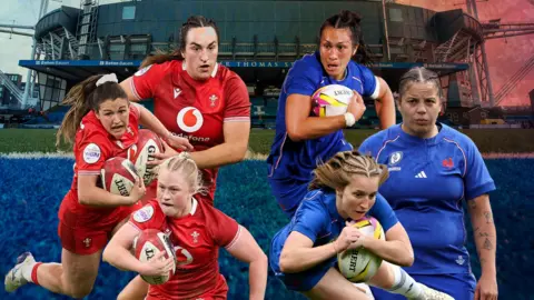 Kayleigh Powell, Seren Lockwood and Courtney Keight of Wales and Manae Feleu, Pauline Bourdon Sansus and Assia Khalfaoui of France