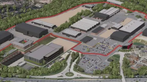 A computer-generate aerial view over a large with with a car park and large buildings. There is a red line around some of the site.