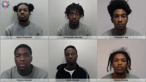 GMP A composite of police custody images of six men, all aged in their late teens and early 20s. 