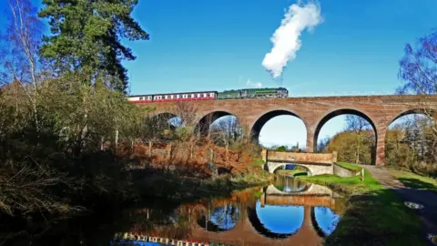 Severn Valley Railway Train crossing viaduct on Severn Valley Railway