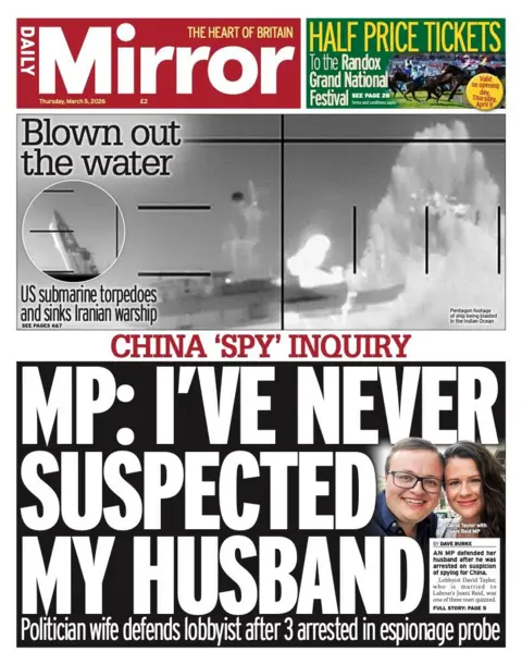 The headline on the front page of the Mirror reads: “MP: I've never suspected my husband”.