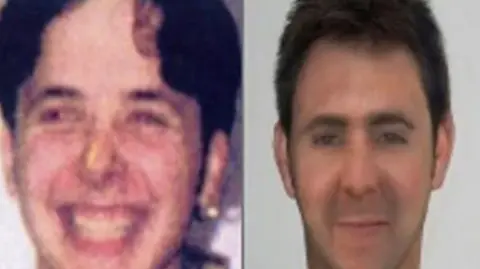 Side by side images of Kenneth Jones - on the left hand side is a head shot of him smiling and laughing as a teenager, on the right hand side is an artist's rendition of how he might look now  