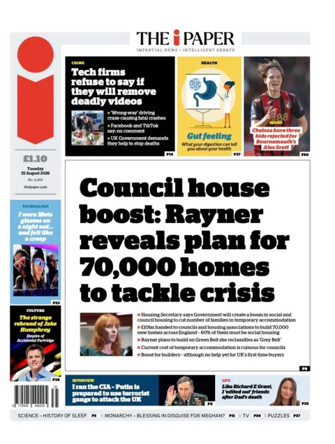 The headline on the front page of the i Paper reads: “Council house boost: Rayner reveals plan for 70,000 homes to tackle crisis".