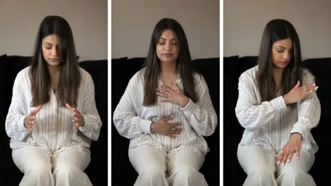Emma Lynch/BBC Composite image of Jasleen carrying out stress reducing exercises 