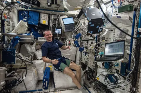 Nasa Astronaut Chris Hadfield inside the living quarters of the International Space Station