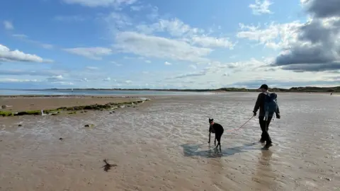 BBC/Bethany White A man in a cap walking a black greyhound on an orange lead on Beadnell beach. Its sands stretch out as far as the eye can see and the sky is blue.