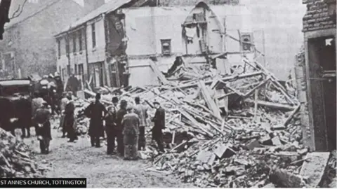 Photograph of the debris left behind when a 'Doodlebug' V1 rocket hit a row of houses in Tottington towards the end of the Second World War
