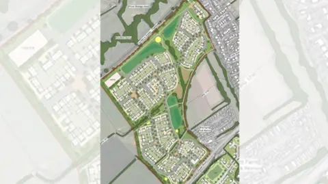 FPCR Plan of the proposed site including buildings, roads, paths and tree lines