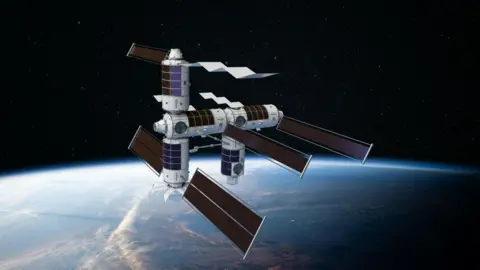 Axiom A CGI image showing a space station, consisting of cylindrical modules with rectangular solar panels jutting outwards, orbiting Earth. 