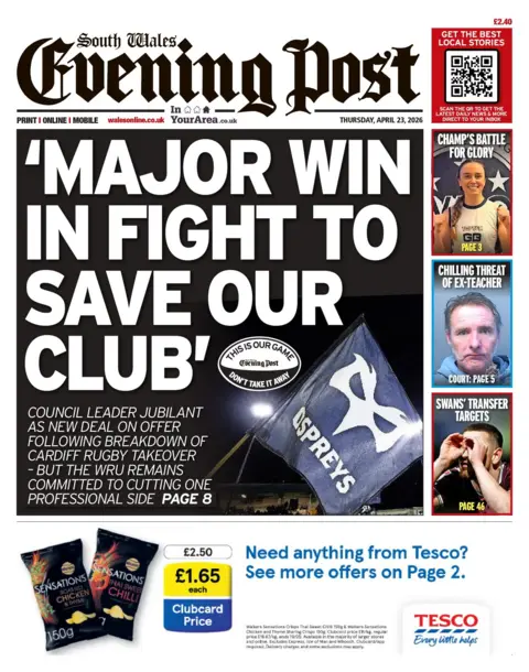 South Wales Evening Post The front page of South Wales Evening post. The main headline reads: 'major win in fight to save our club'