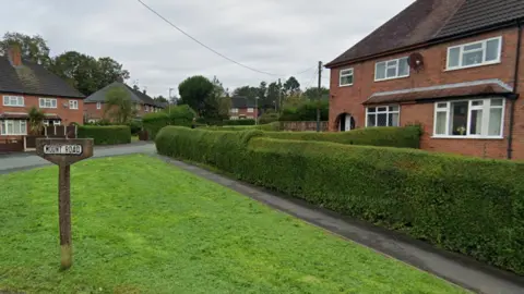 Semi-detached houses with bay windows sit behind neatly trimmed hedgerows.
A sign on a concrete post on a green in front of the houses says Mount Road.