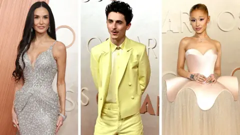 A composite image showing Demi Moore, Timothee Chalamet and Ariana Grande on the red carpet at the Oscars ceremony on 2 March 2025.