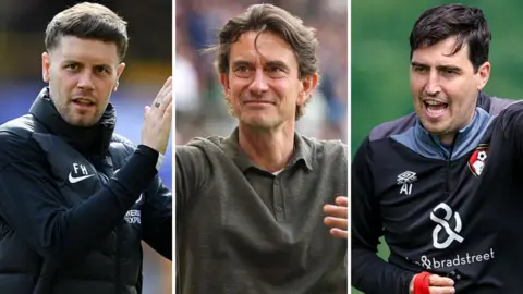 A split picture of Fabian Hurzeler, Thomas Frank and Andoni Iraola