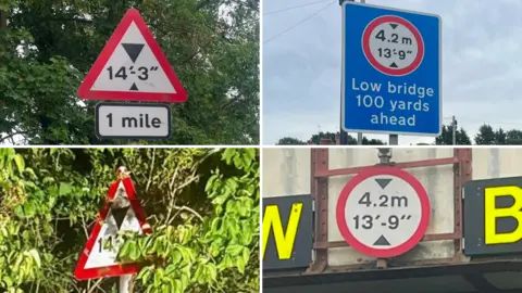 A composite image of close ups of four street signs. Two read 13ft 9in and the other two read 14ft 3in. One of the them - in the bottom left - is obscured by trees.