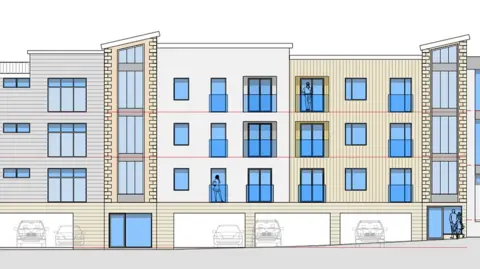 The picture shows a front view of a multi‑storey residential block. The building is drawn in a clean, technical style, with straight lines and simple colour fills. The design features three central floors of flats above a ground level that appears to include parking spaces, because cars are shown in open bays beneath the main structure.