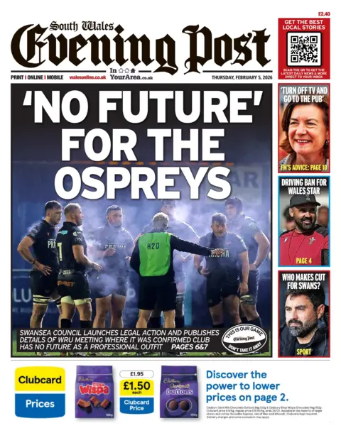 South Wales Evening Post The Front page of the South Wales Evening Post has picture of Ospreys players on the pitch with a coach in a high viz gilet under the headline not future for the ospreys 