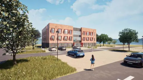 A CGI image of the proposed GP surgery in Wallingford. The image shows a peach coloured three-storey rectangular building with large square glass windows. There are cars parked in bays in front of the building and larger sections for cars to park over the road. There are trees dotted around the image, the sky is a bright blue with clouds and there is a CGI image of a woman with long brown hair walking towards the building.