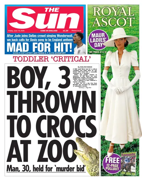 The headline on the front page of the Sun reads: “Boy, 3, thrown to crocs at zoo”.
