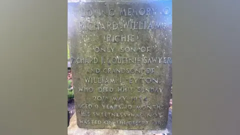 Friends of Anfield Cemetery The gravestone reads: In loving memory of Richard William 'Richie' only son of Richard J & Queenie Sawyer and Grandson of William J Eyton who died Whit Sunday 20th May 1934 aged 9 years 10 months "his sweetness was not wasted on the desert air."