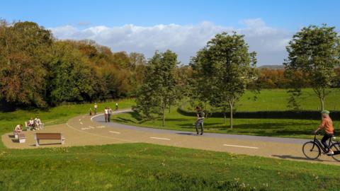 A cycle path running through Alveston Hill Greenway