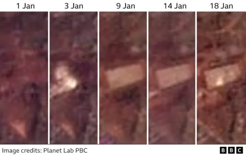 Lima citra satelit terpisah yang diambil pada berbagai hari sejak 1 Januari menunjukkan pembangunan bertahap di lokasi tersebut.