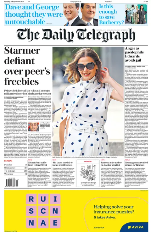 "Starmer defiant over peer's freebies" headlines the Daily Telegraph