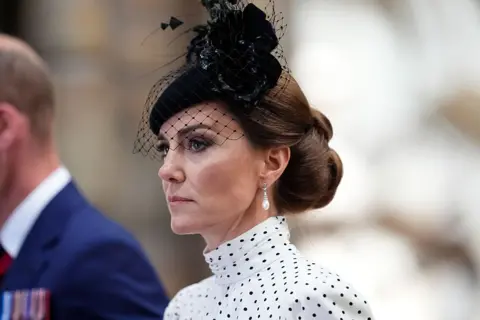 Catherine, Princess of Wales during a Service of Thanksgiving at Westminster Abbey in London on the 80th anniversary of VE Day on May 8, 2025 in London, England. The King and Queen, joined by Members of the Royal Family, will take part in events from May 5th to May 8th to commemorate the 80th Anniversary of VE Day, which signalled the end of the Second World War in Europe.