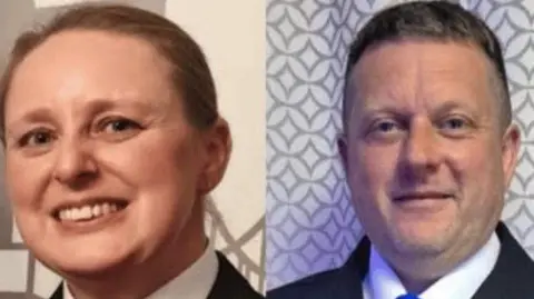 A composite photo of a close-up of a woman on the left smiling with her brown hair tied back. On the right is a man with sort brown hair smiling and wearing a white shirt and black jacket.