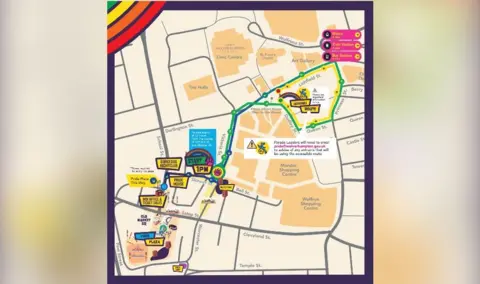 Wolverhampton Pride A map of Wolverhampton city centre, with locations and timings marked on it.
