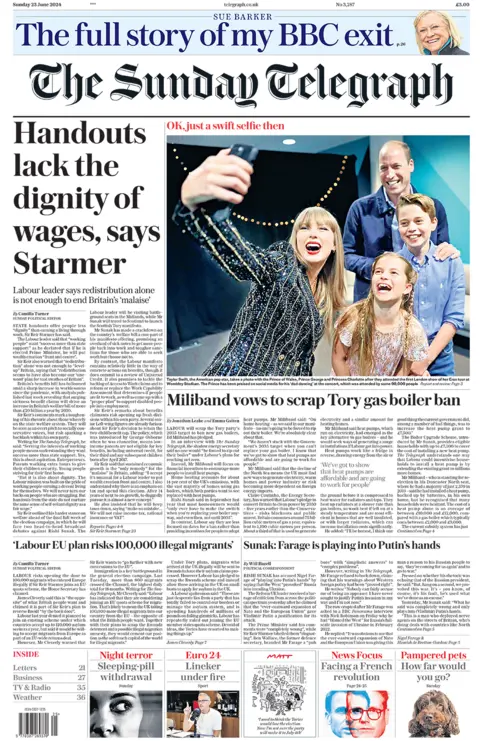 Sunday Telegraph headline: "Handouts lack the  dignity of  wages, says  Starmer"