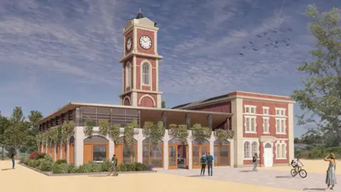 Middlesbrough Council An artistic impression of what the Old Town Hall will look like after restoration. Plants and bushes are growing up the sides of the building. 